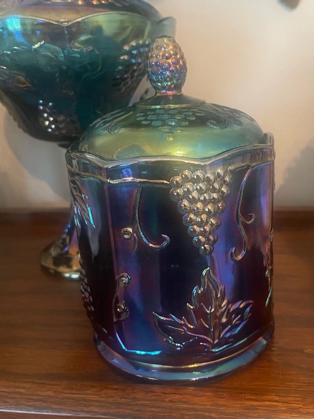 VTG Indiana Blue Carnival Glass Iridescent Harvest Grape Canister Biscuit Jar - Picture 2 of 10
